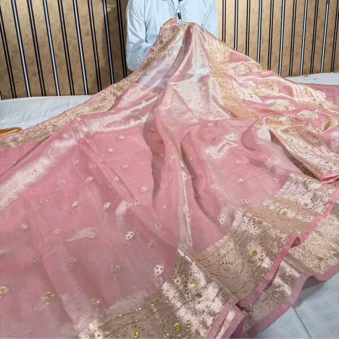 Baby Pink Heritage Tissue Silk Handwork Banarasi Saree