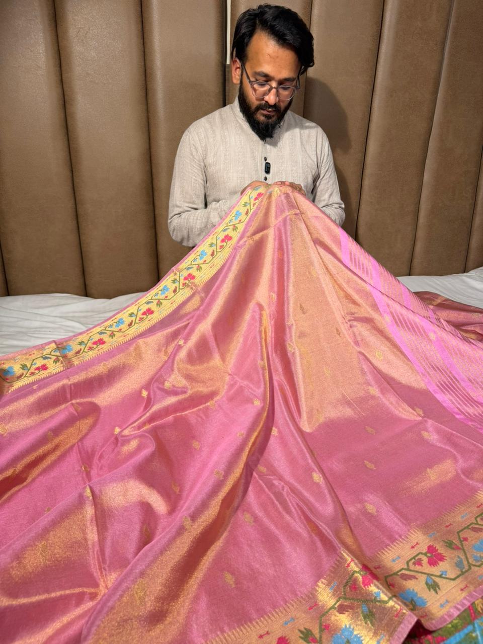 Baby Pink Ikkat Border Premium Tissue Banarasi Saree