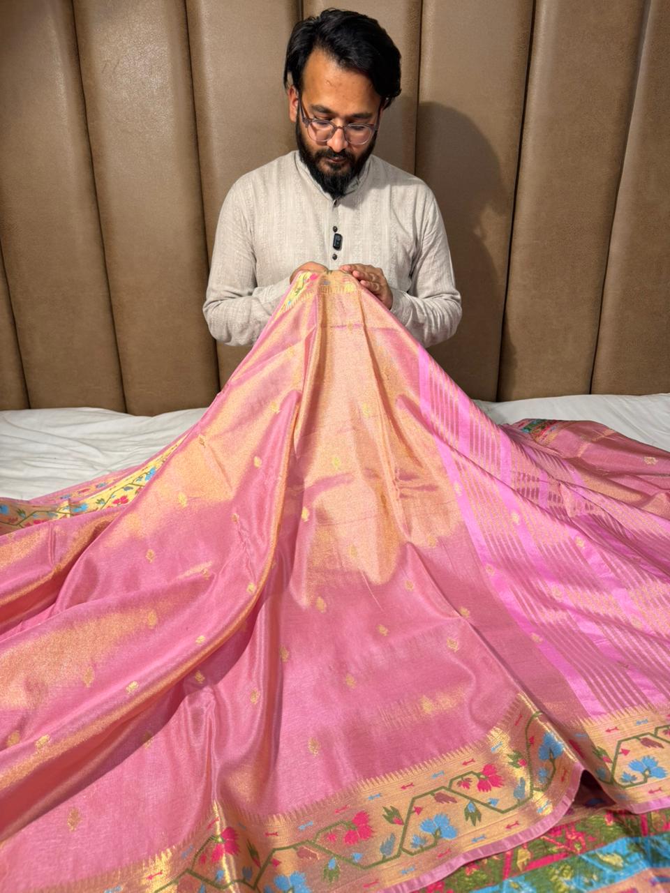 Baby Pink Ikkat Border Premium Tissue Banarasi Saree