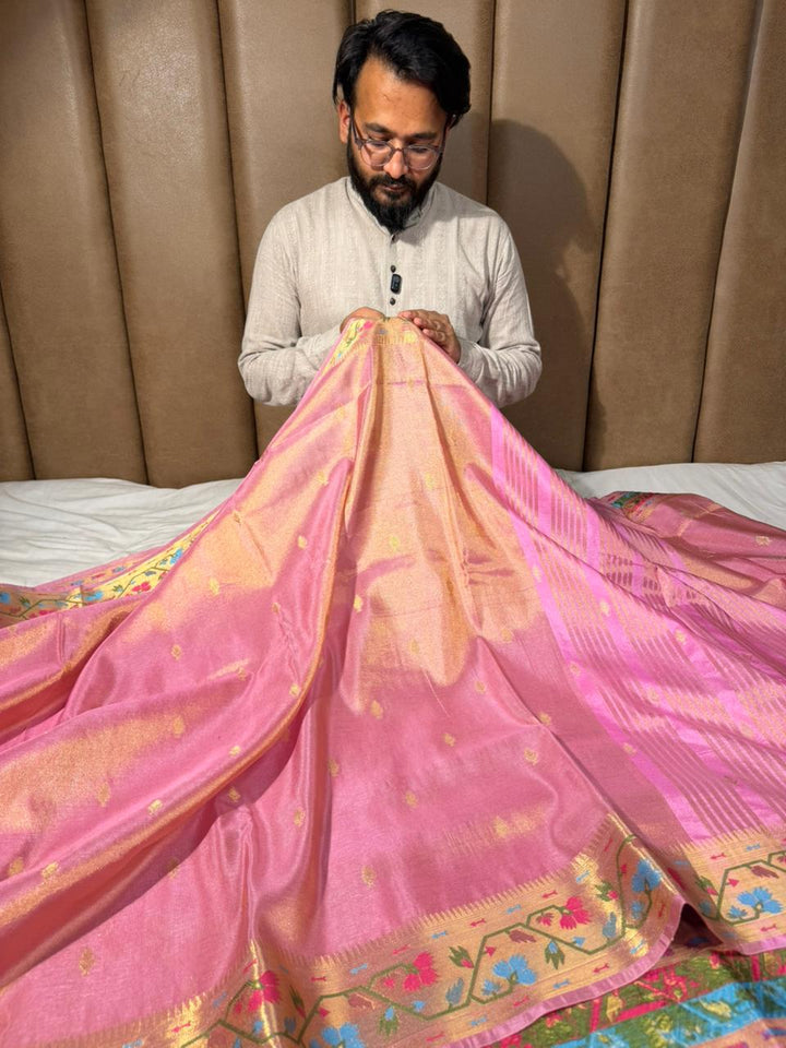 Baby Pink Ikkat Border Premium Tissue Banarasi Saree