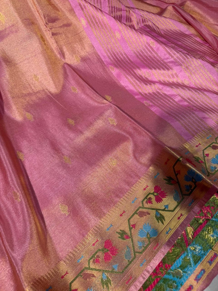 Baby Pink Ikkat Border Premium Tissue Banarasi Saree