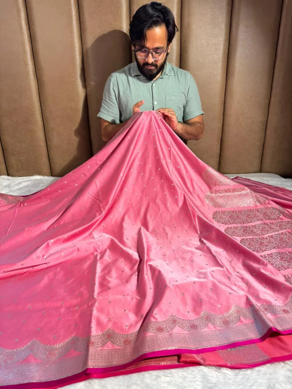 Baby Pink Mashru Katan Silk Buta Work Banarasi Saree