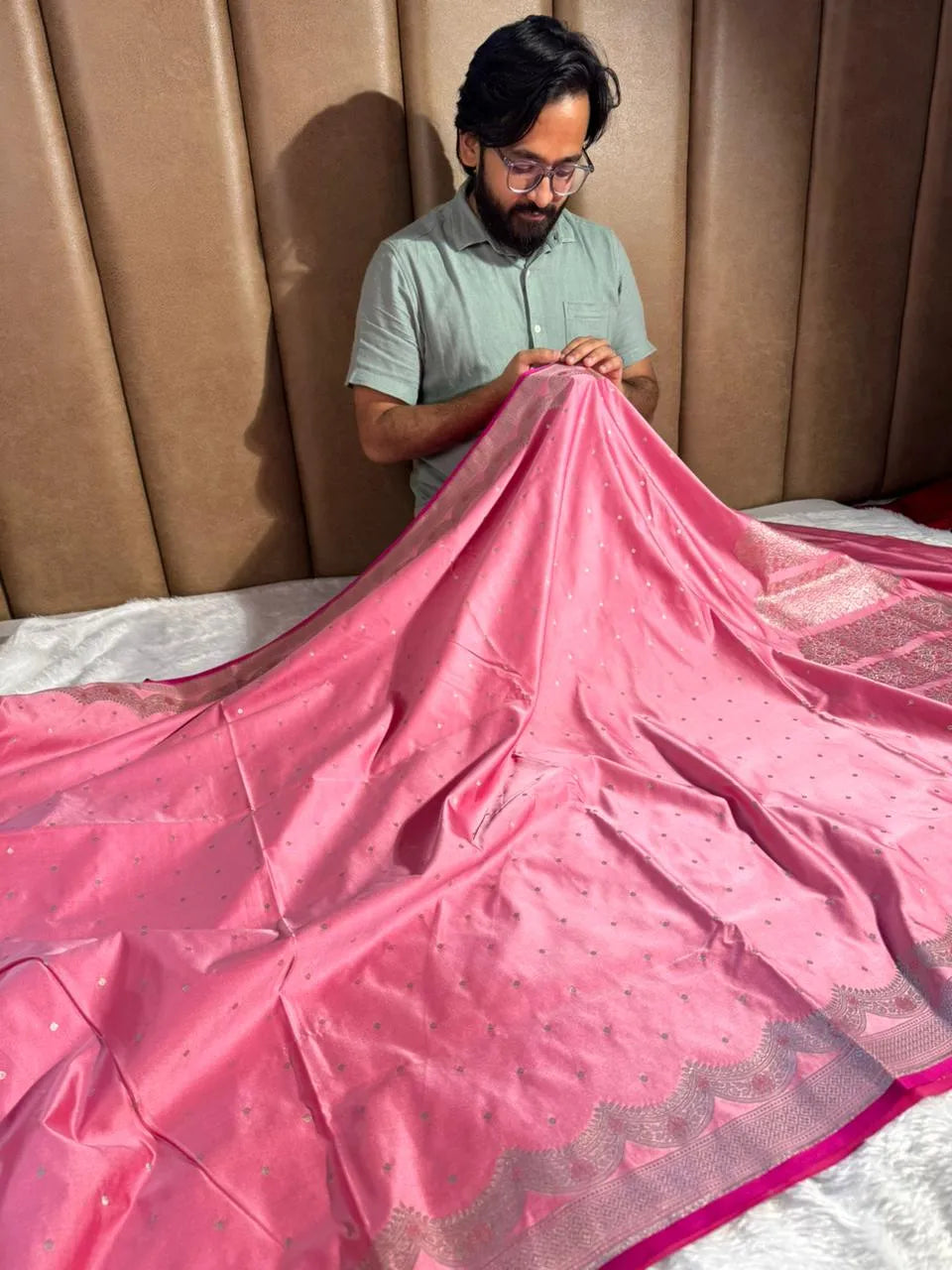 Baby Pink Mashru Katan Silk Buta Work Banarasi Saree