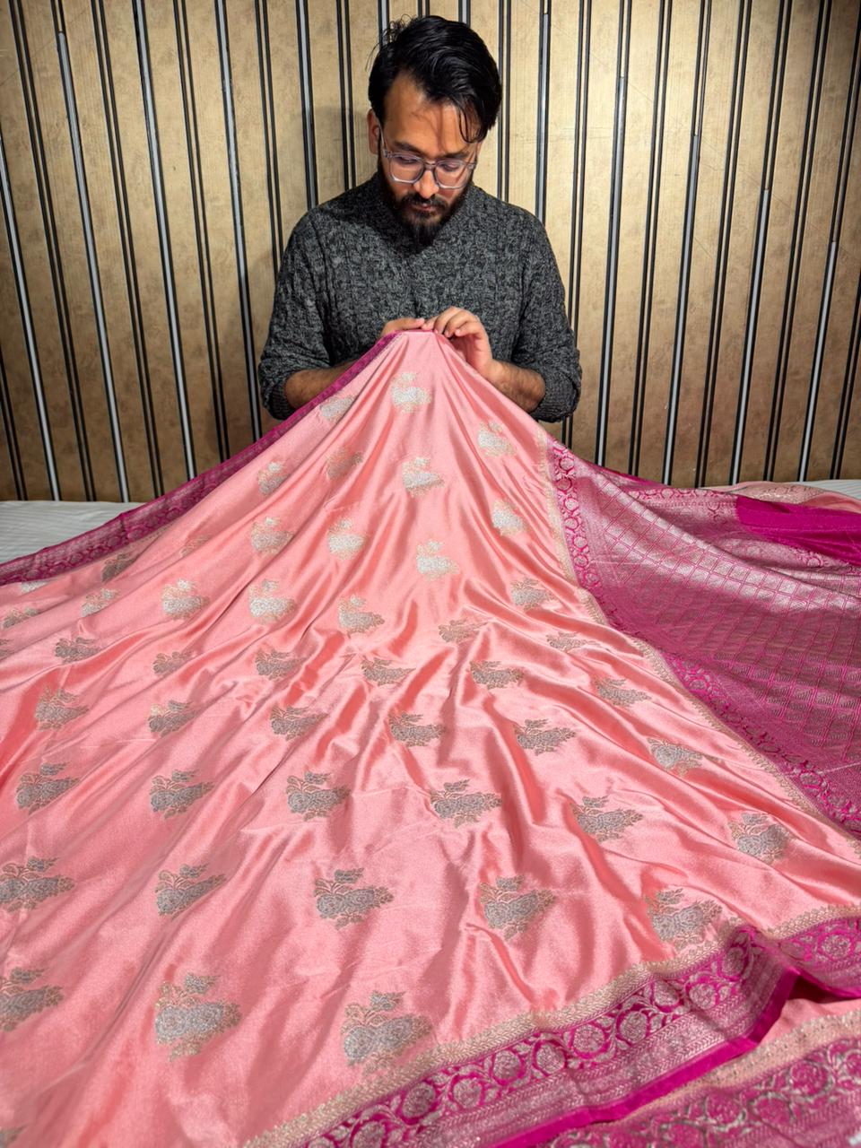 Baby Pink Mashru Katan Silk Silver Meenakari Banarasi Saree 