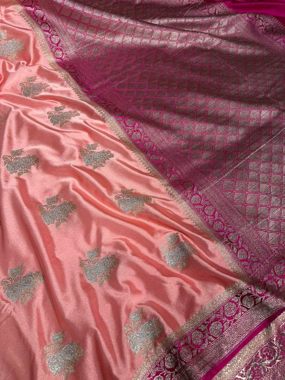 Baby Pink Mashru Katan Silk Silver Meenakari Banarasi Saree 
