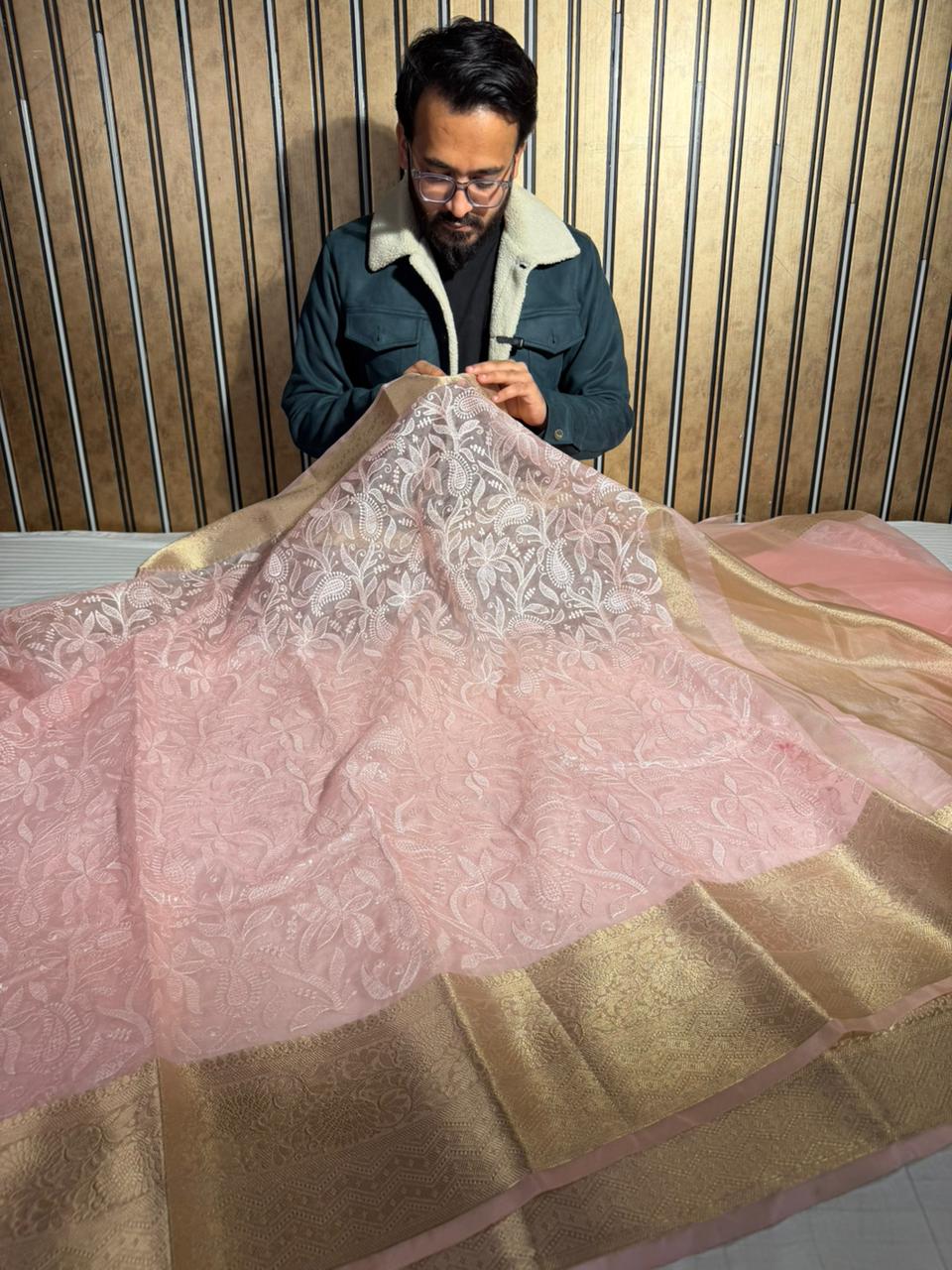 Baby Pink Organza Silk Chikankari Work Banarasi Saree