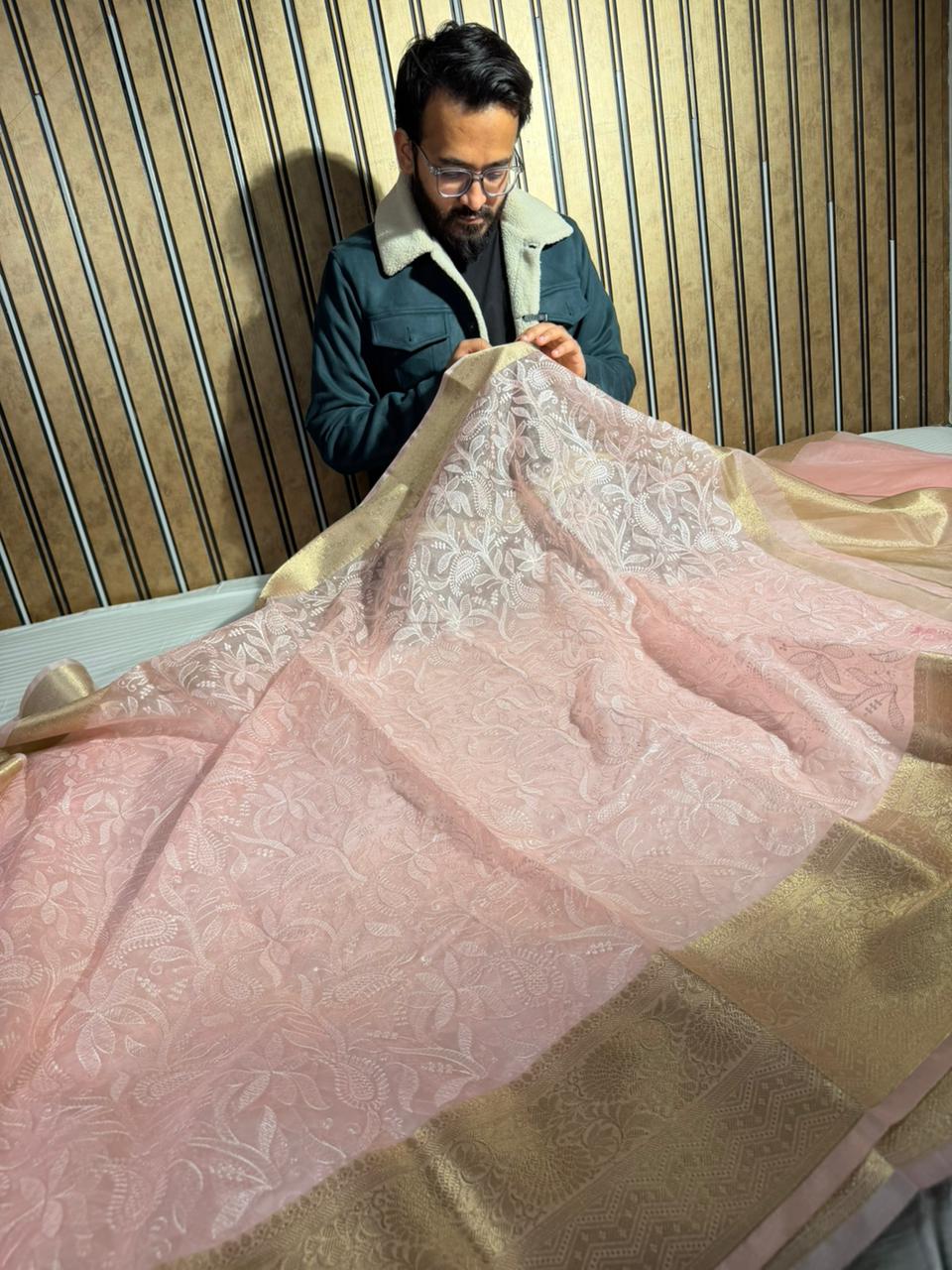 Baby Pink Organza Silk Chikankari Work Banarasi Saree