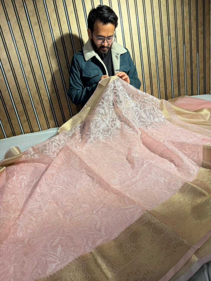 Baby Pink Organza Silk Chikankari Work Banarasi Saree