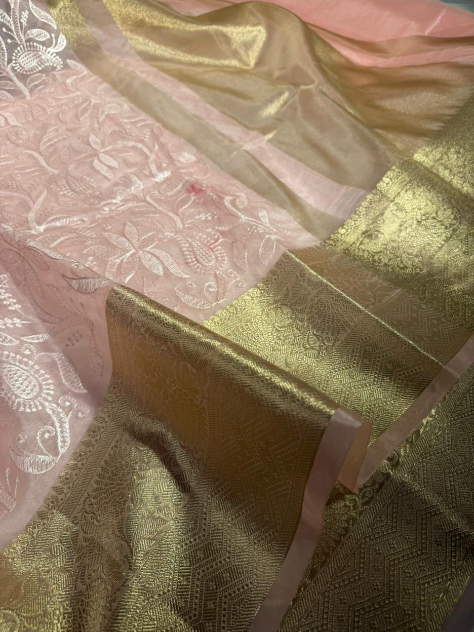 Baby Pink Organza Silk Chikankari Work Banarasi Saree