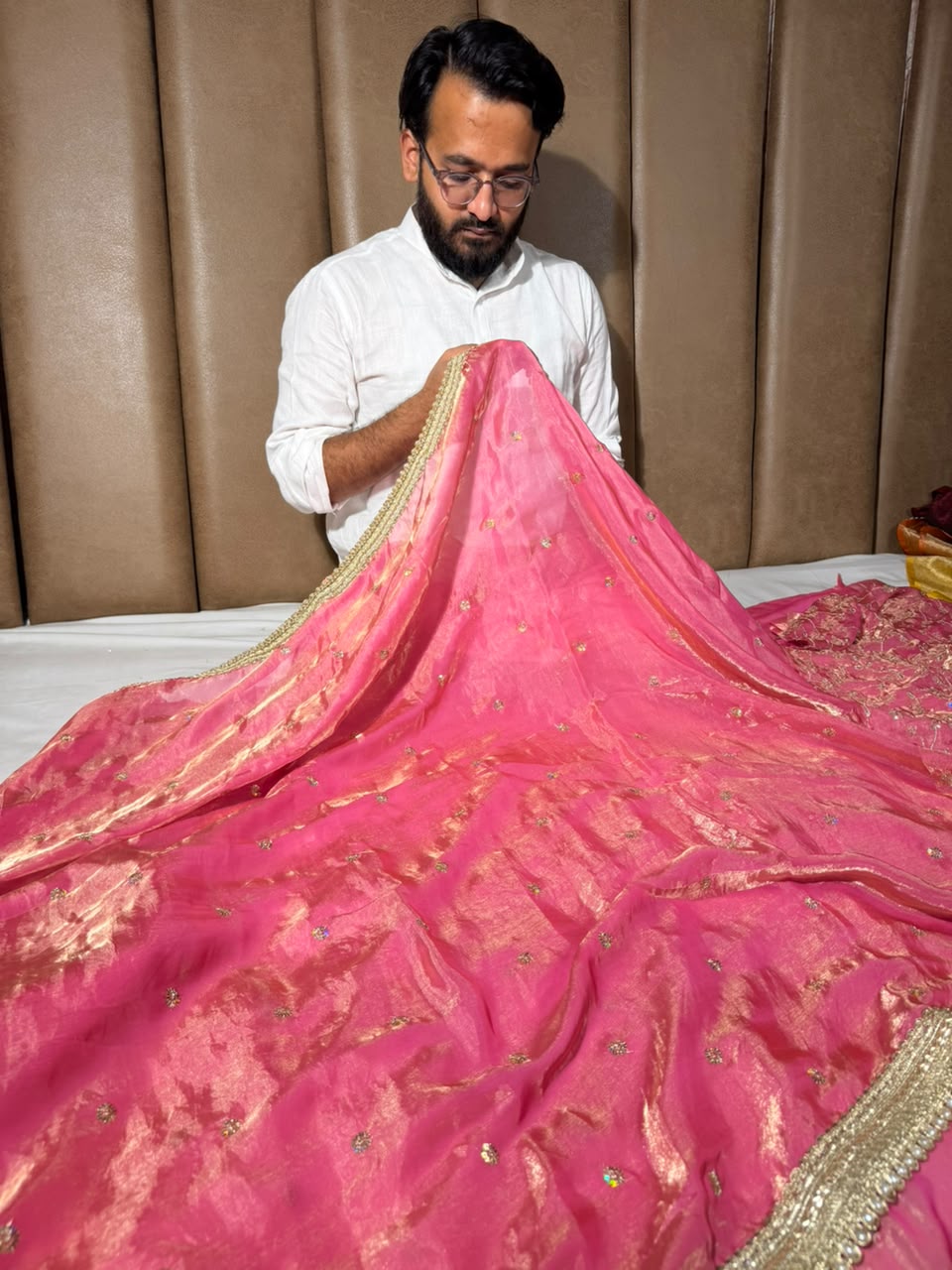 Baby Pink Shimmery Tissue Silk Embroidered Lace Work Saree