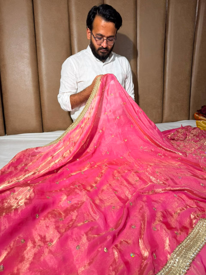 Baby Pink Shimmery Tissue Silk Embroidered Lace Work Saree