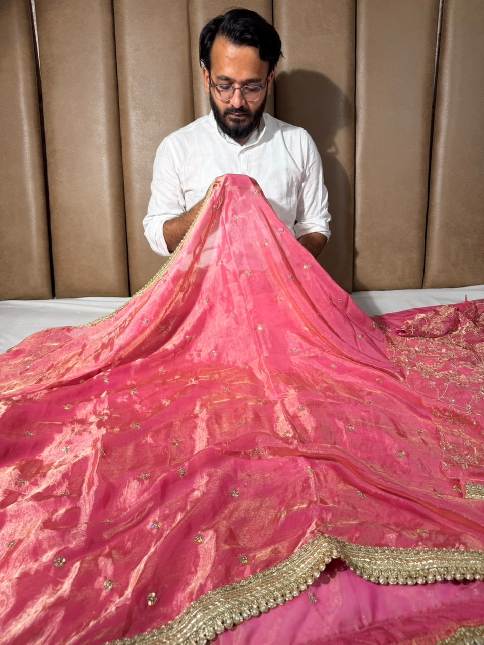 Baby Pink Shimmery Tissue Silk Embroidered Lace Work Saree