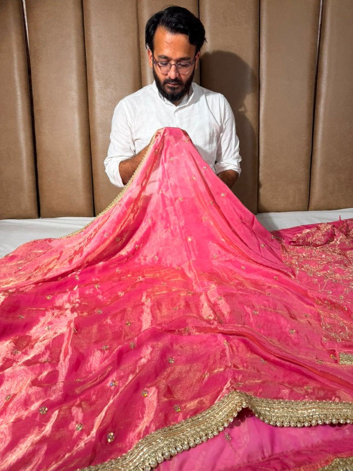Baby Pink Shimmery Tissue Silk Embroidered Lace Work Saree
