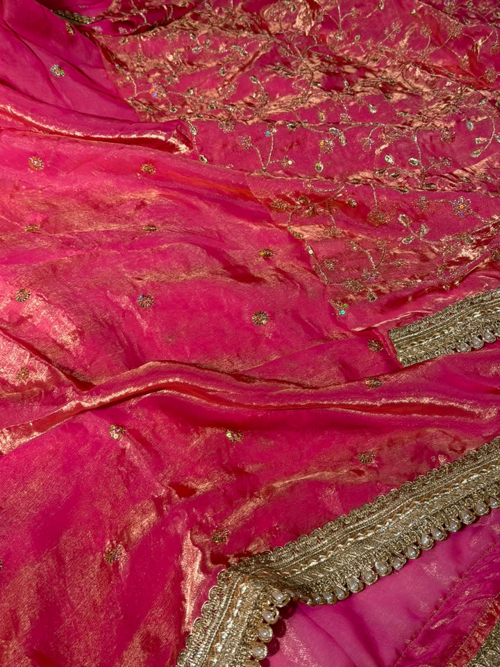 Baby Pink Shimmery Tissue Silk Embroidered Lace Work Saree