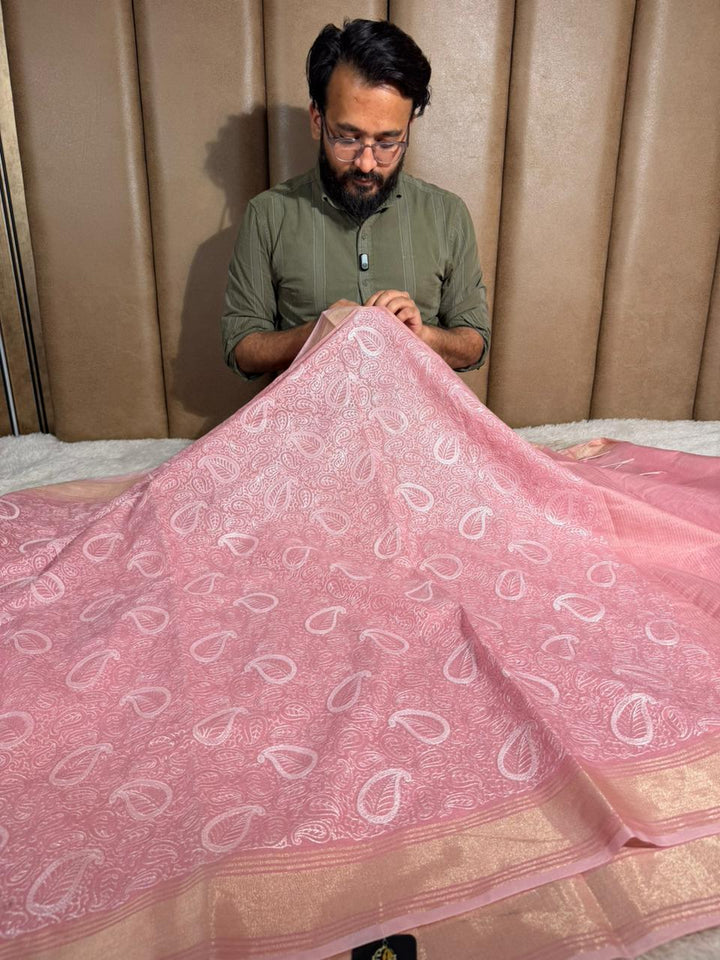 Baby Pink Soft Cotton Chikankari Embroided Saree
