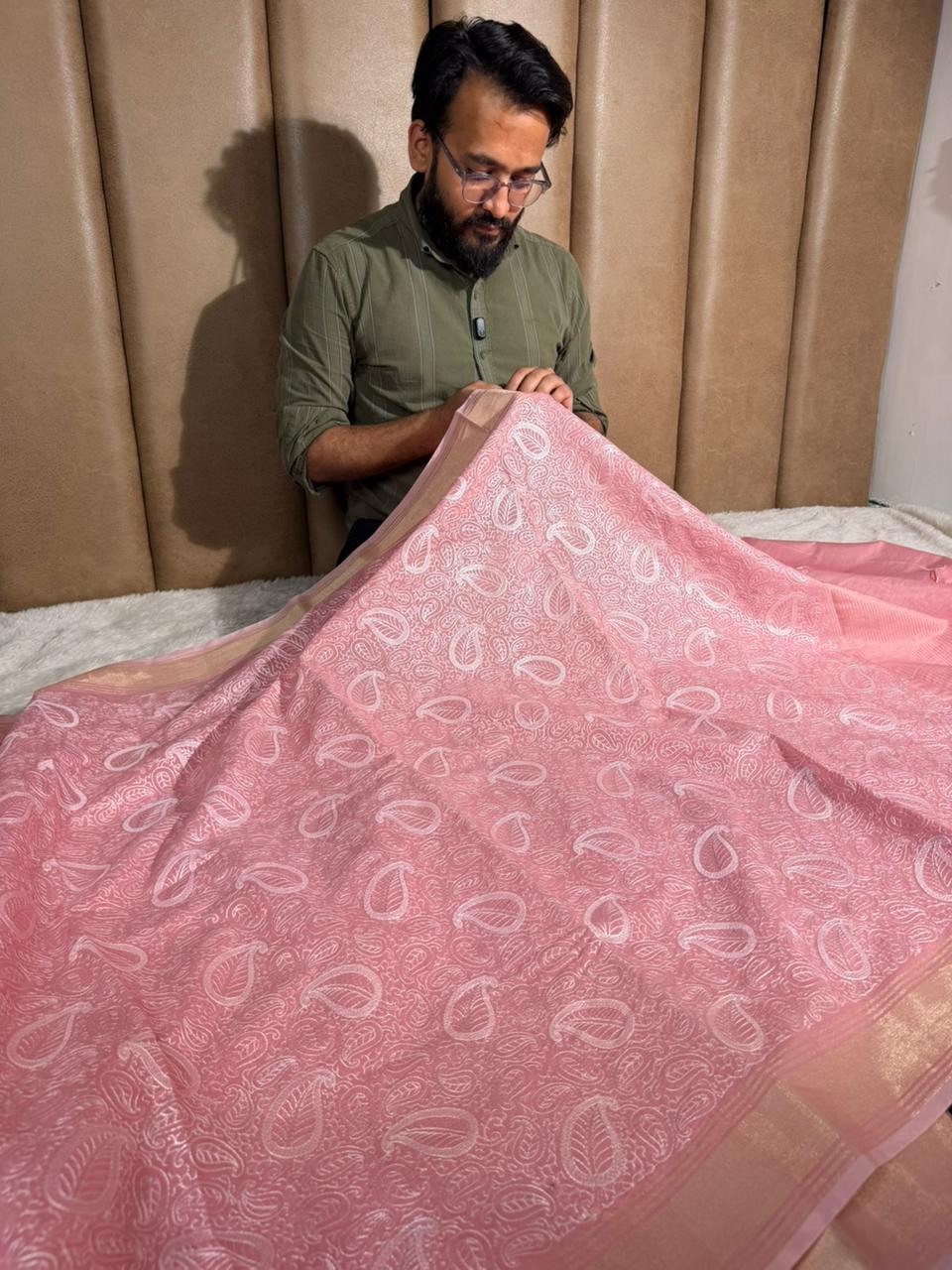 Baby Pink Soft Cotton Chikankari Embroided Saree