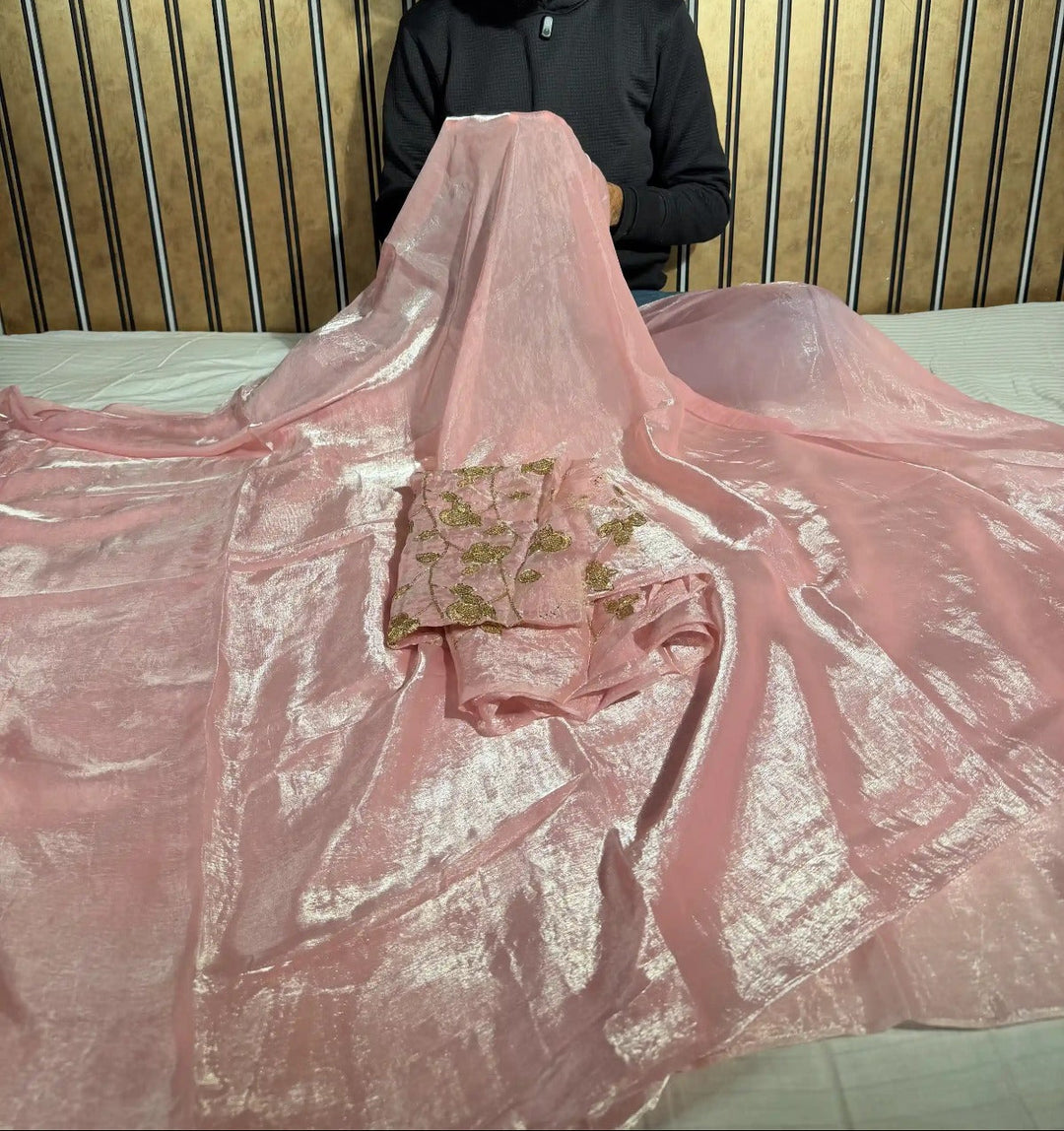Baby Pink Breathable Tissue Silk Designer Banarasi Saree