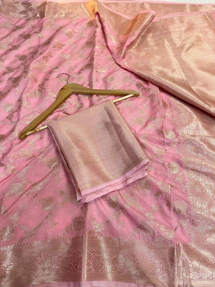 Baby Pink Chiniya Silk Golden Zari Floral Weave Banarasi Saree