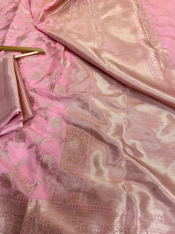 Baby Pink Chiniya Silk Golden Zari Floral Weave Banarasi Saree