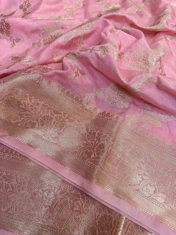 Baby Pink Chiniya Silk Golden Zari Floral Weave Banarasi Saree