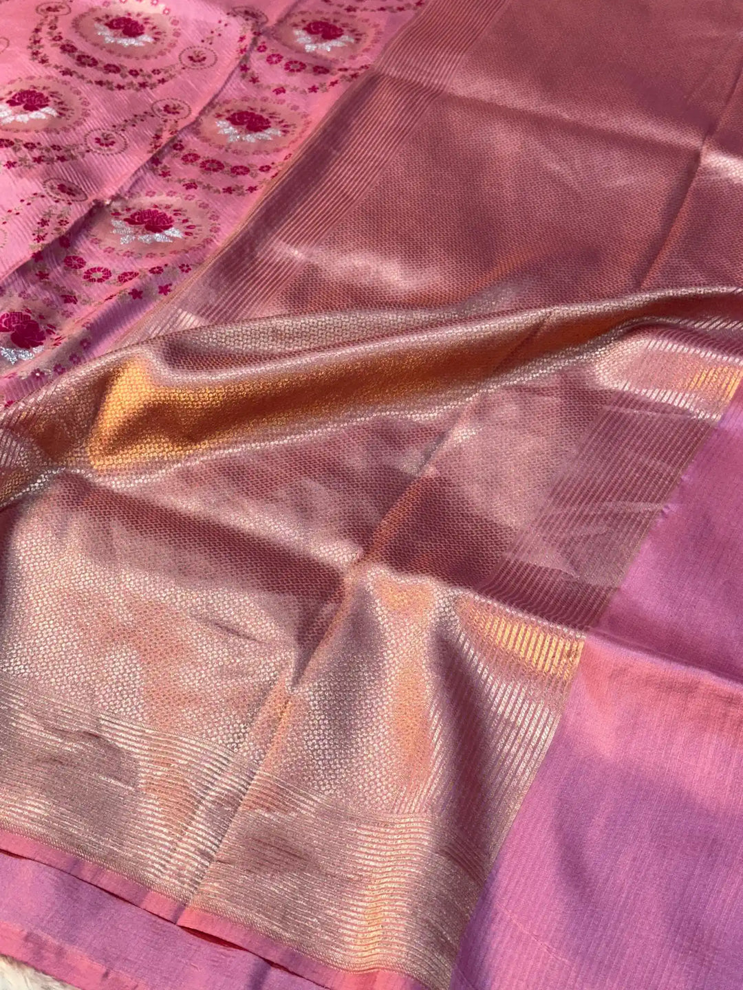 Baby Pink Pure Katan Silk Rose Boota Meenakari Banarasi Saree