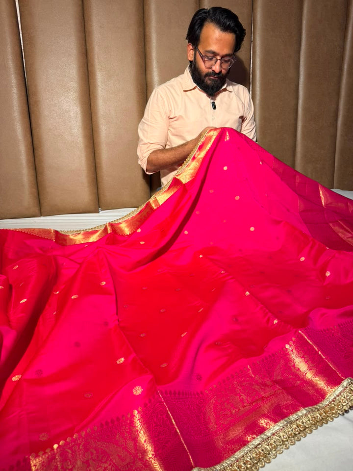 Baby Pink Soft Banarasi Silk Lace Work Saree