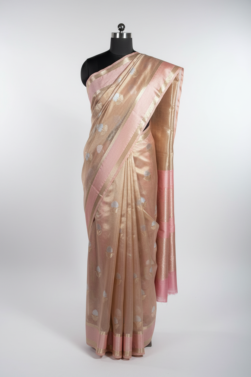 Baby Pink Tissue Silk Flower Buta Banarasi Saree
