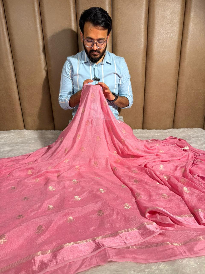 Baby Pink Viscose Georgette Designer Buta Work Banarasi Saree