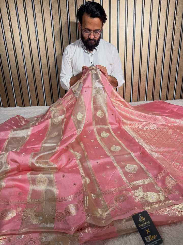 Baby pink Rangkat Chinia tissue silk Banarasi saree