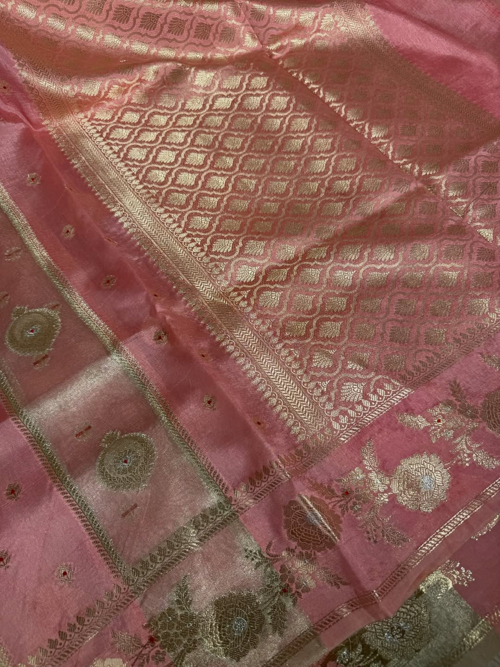 Baby pink Rangkat Chinia tissue silk Banarasi saree
