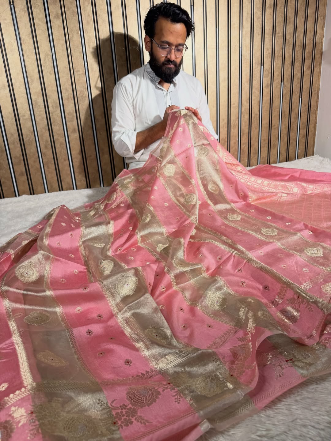 Baby pink Rangkat Chinia tissue silk Banarasi saree