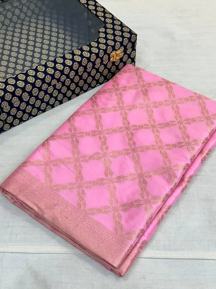 Baby pink jangla weave pure katan silk Banarasi saree