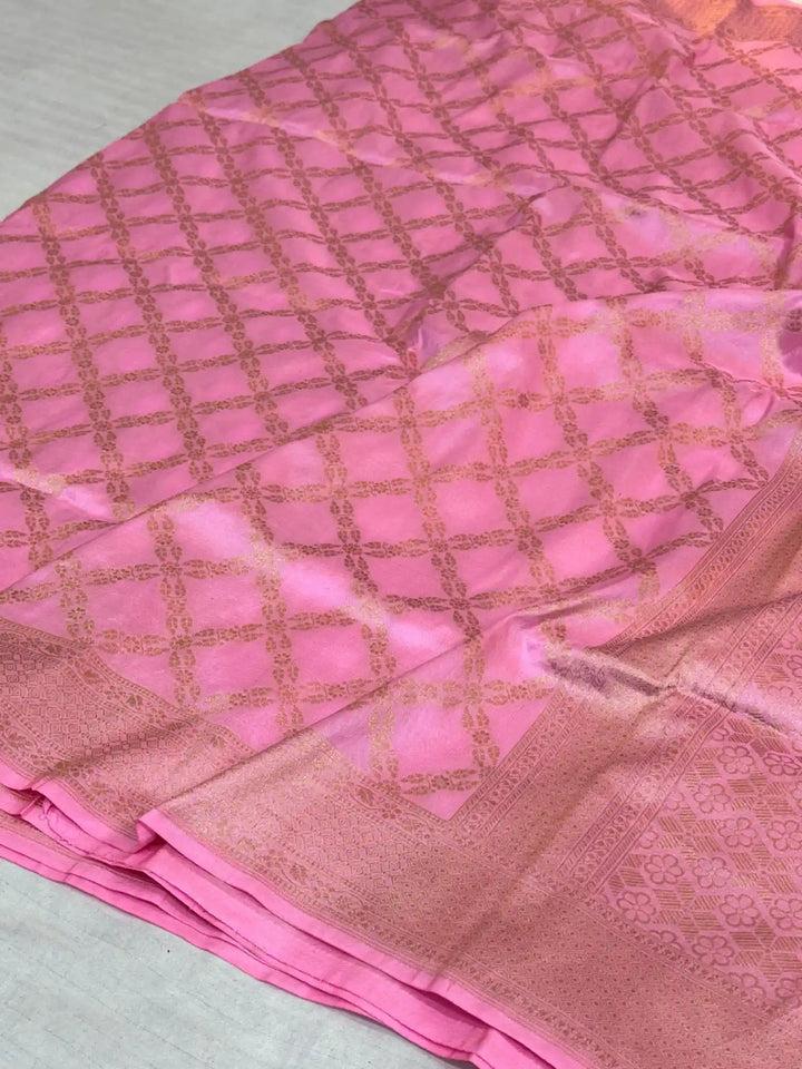Baby pink jangla weave pure katan silk Banarasi saree