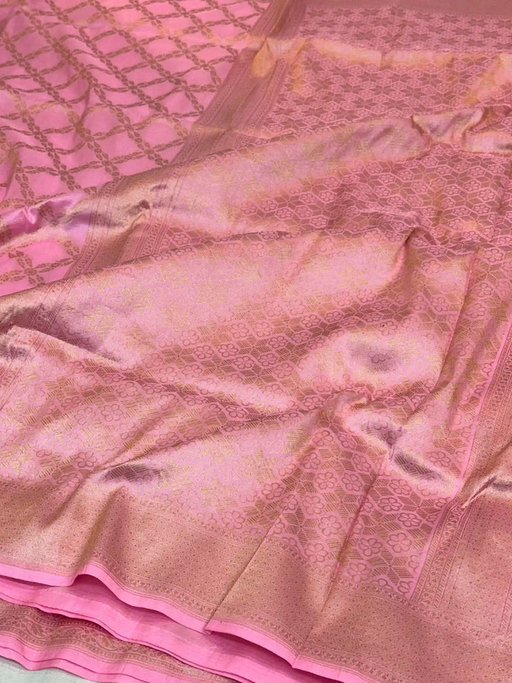 Baby pink jangla weave pure katan silk Banarasi saree