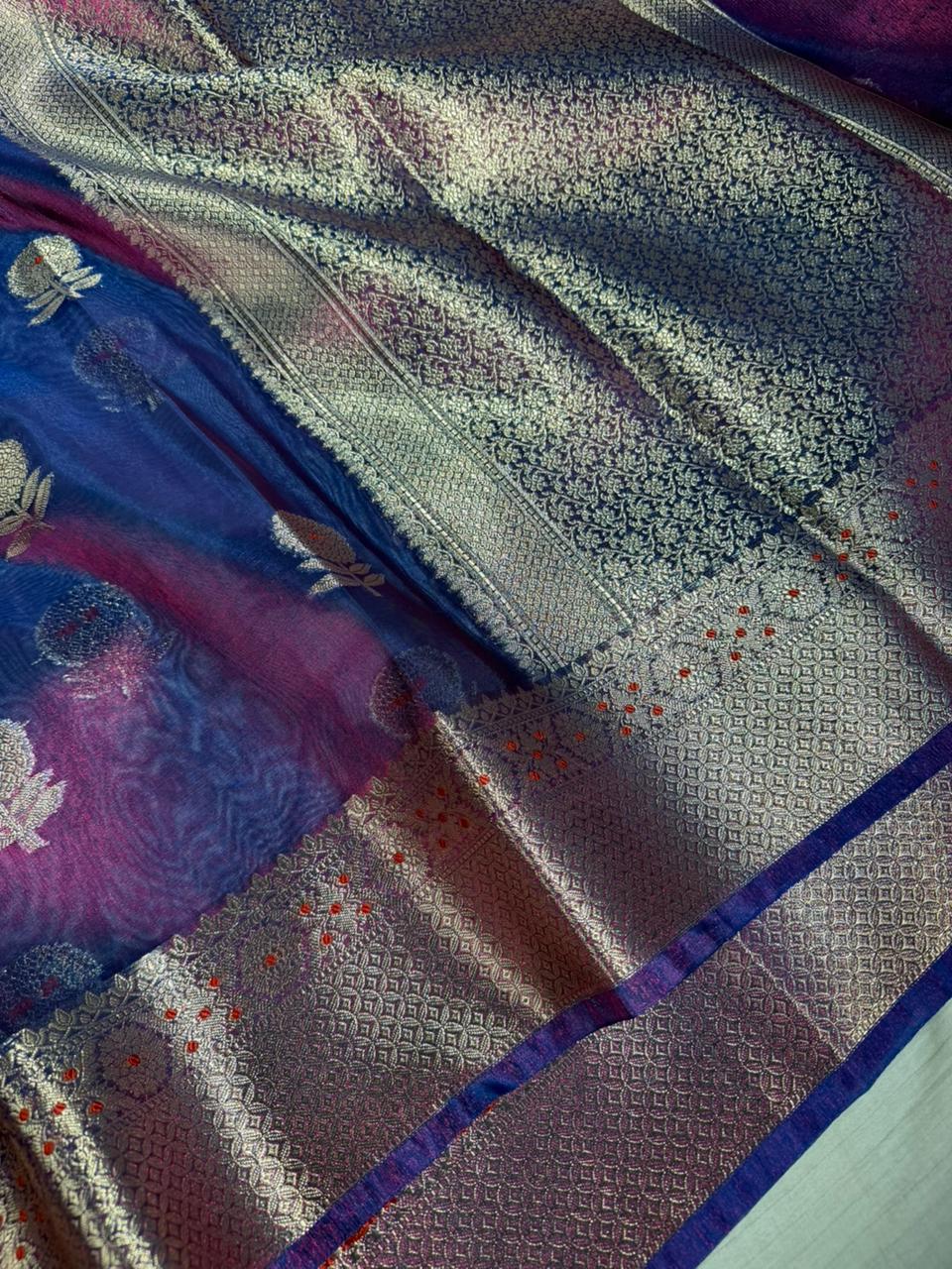 Baigani Kora Tissue Silk Flower Buta Banarasi Saree