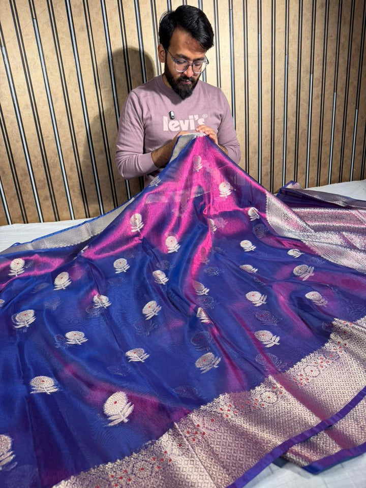 Baigani Kora Tissue Silk Flower Buta Banarasi Saree