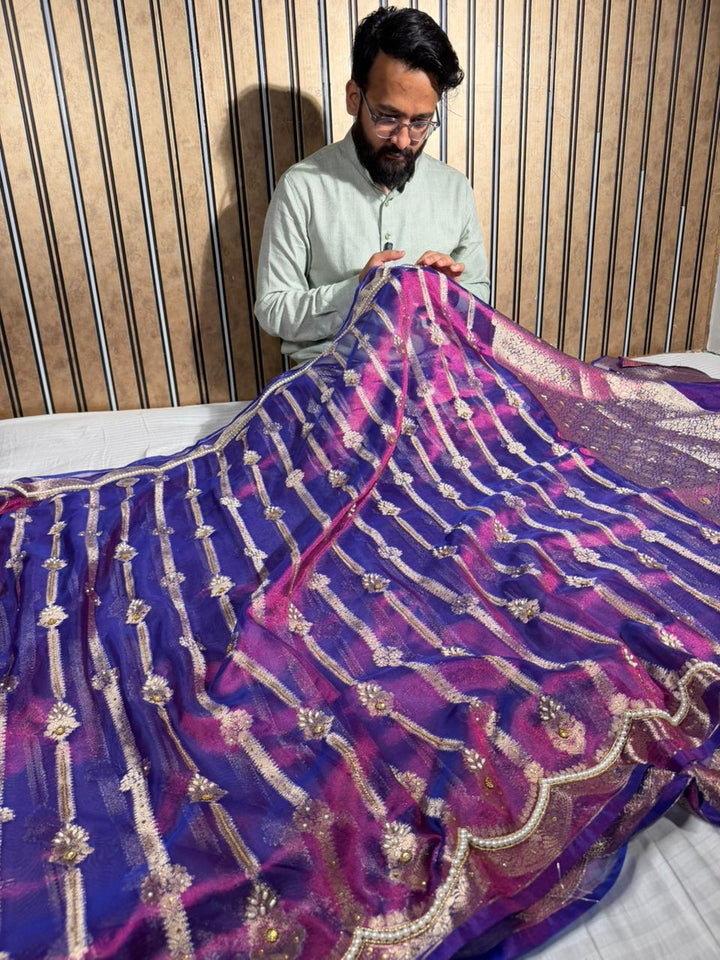 Baigani Scallop Tissue Silk Handwork Banarasi Saree