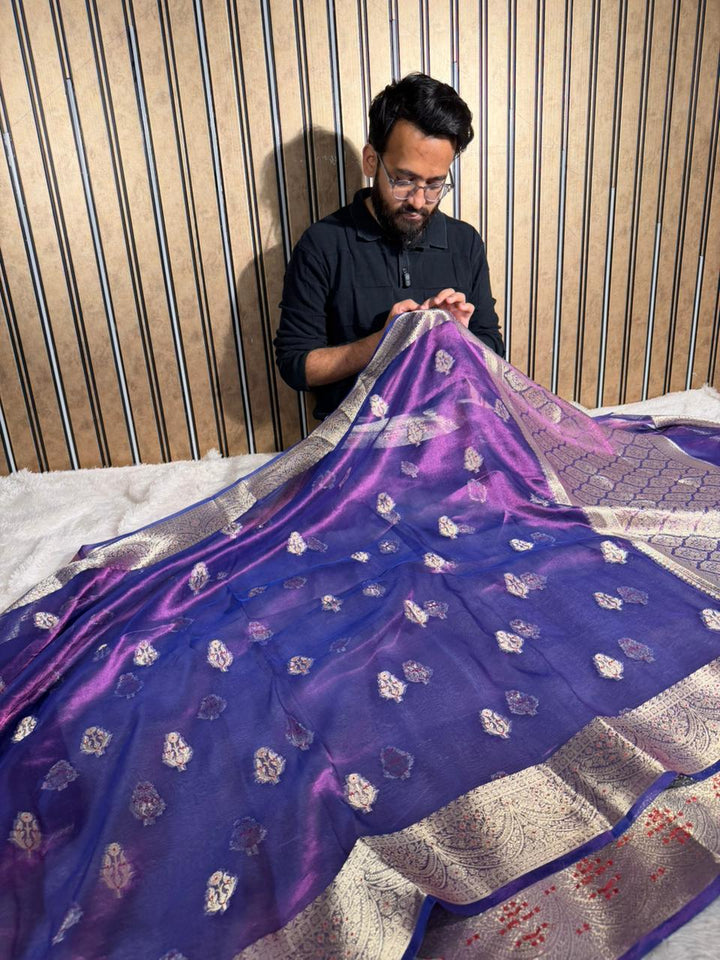 Baigani Shade Pure Tissue silk Meenakari Banarasi Saree