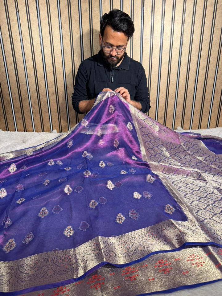 Baigani Shade Pure Tissue silk Meenakari Banarasi Saree