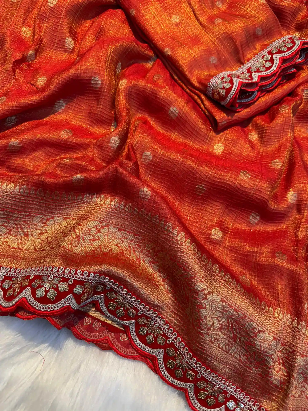 Fanta Orange Banarasi Crush Tissue Silk Saree with Lace Work