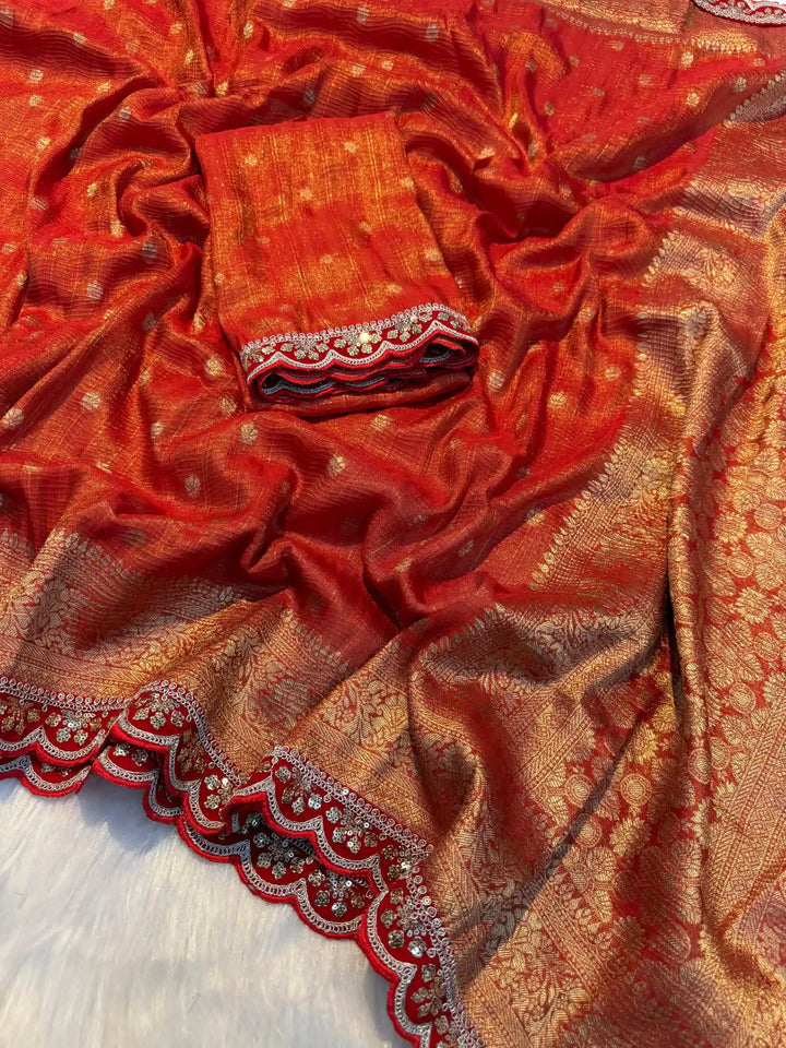 Fanta Orange Banarasi Crush Tissue Silk Saree with Lace Work