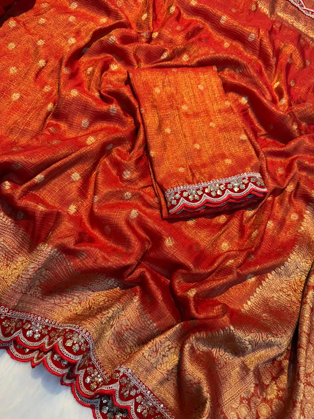 Fanta Orange Banarasi Crush Tissue Silk Saree with Lace Work