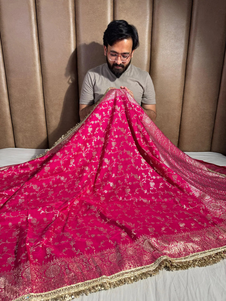 Banarasi georgette silk saree with silver meena & lace work