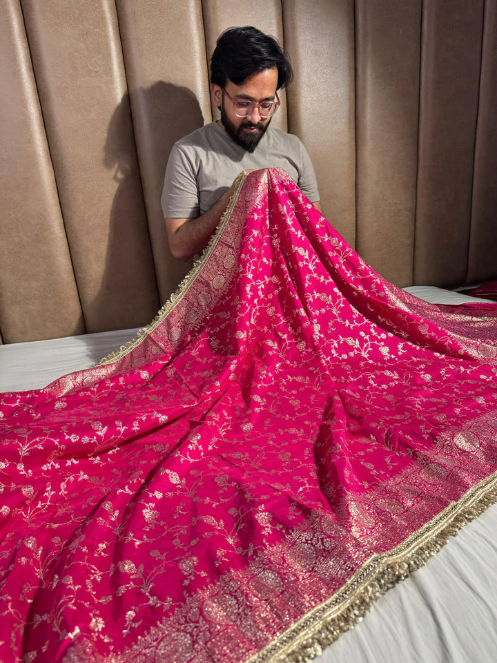 Banarasi georgette silk saree with silver meena & lace work