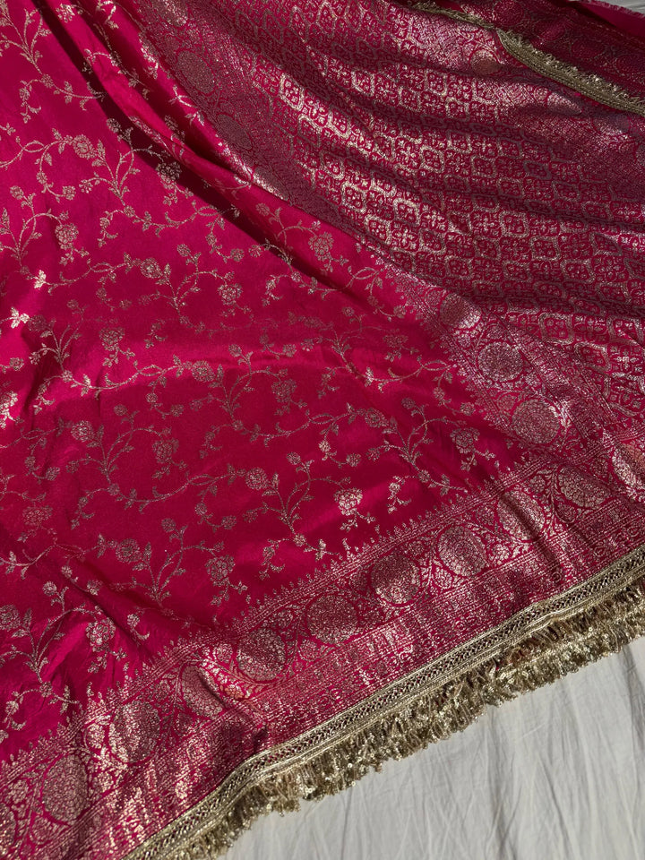 Banarasi georgette silk saree with silver meena & lace work