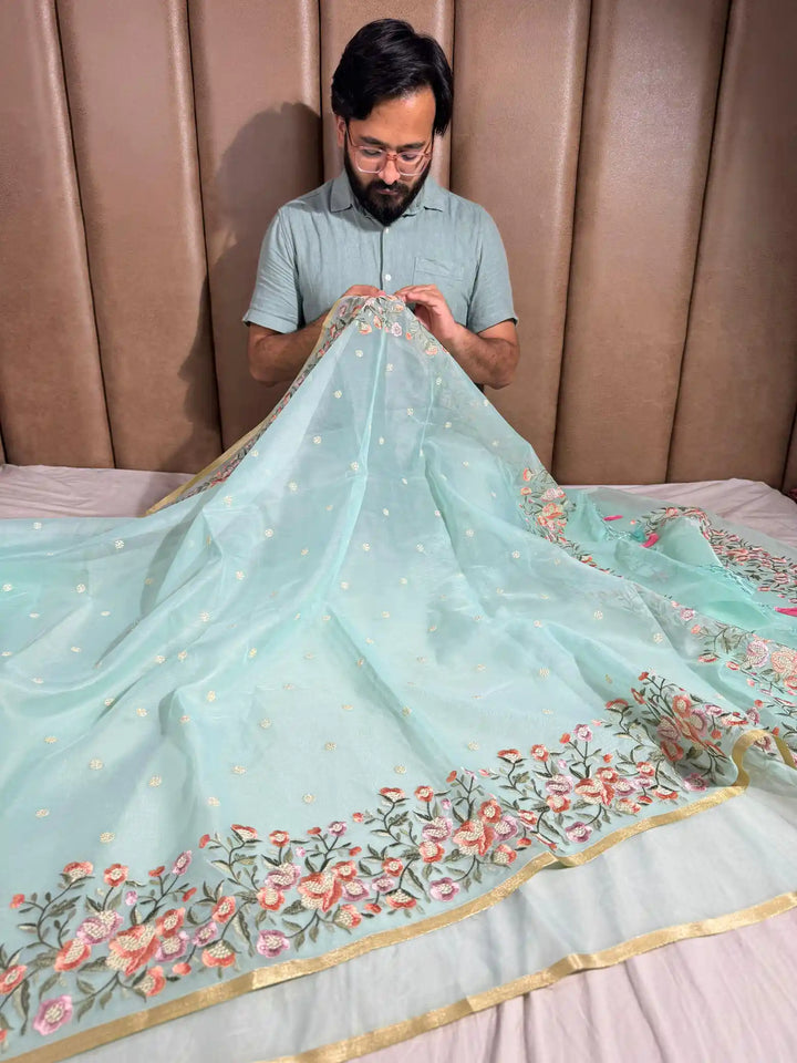 Banarasi organza silk with NoorTaar technique border and pallu work with premium tassels