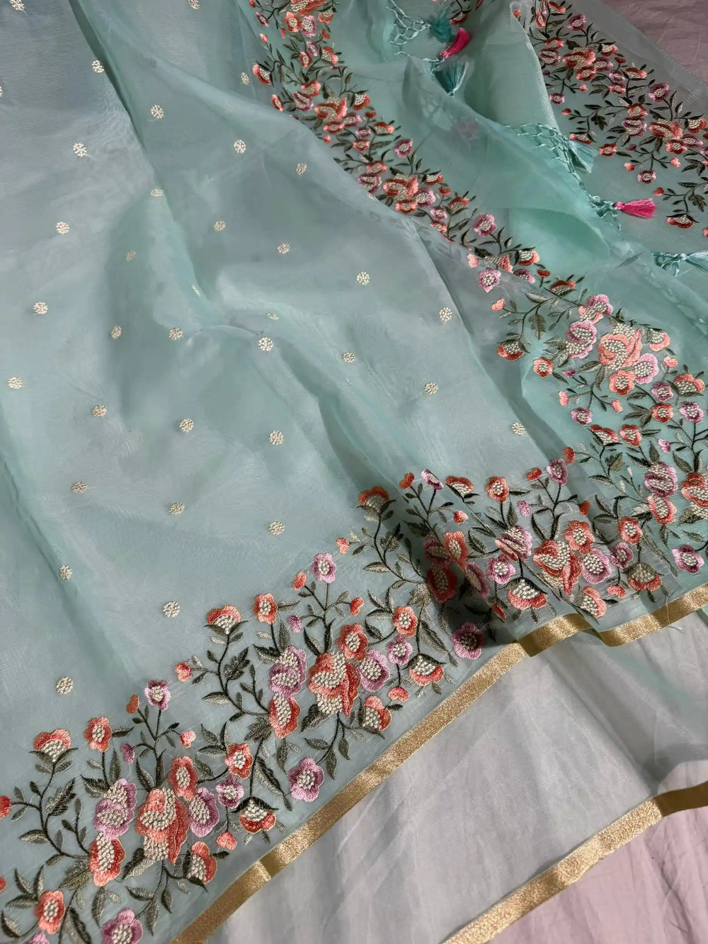 Banarasi organza silk with NoorTaar technique border and pallu work with premium tassels
