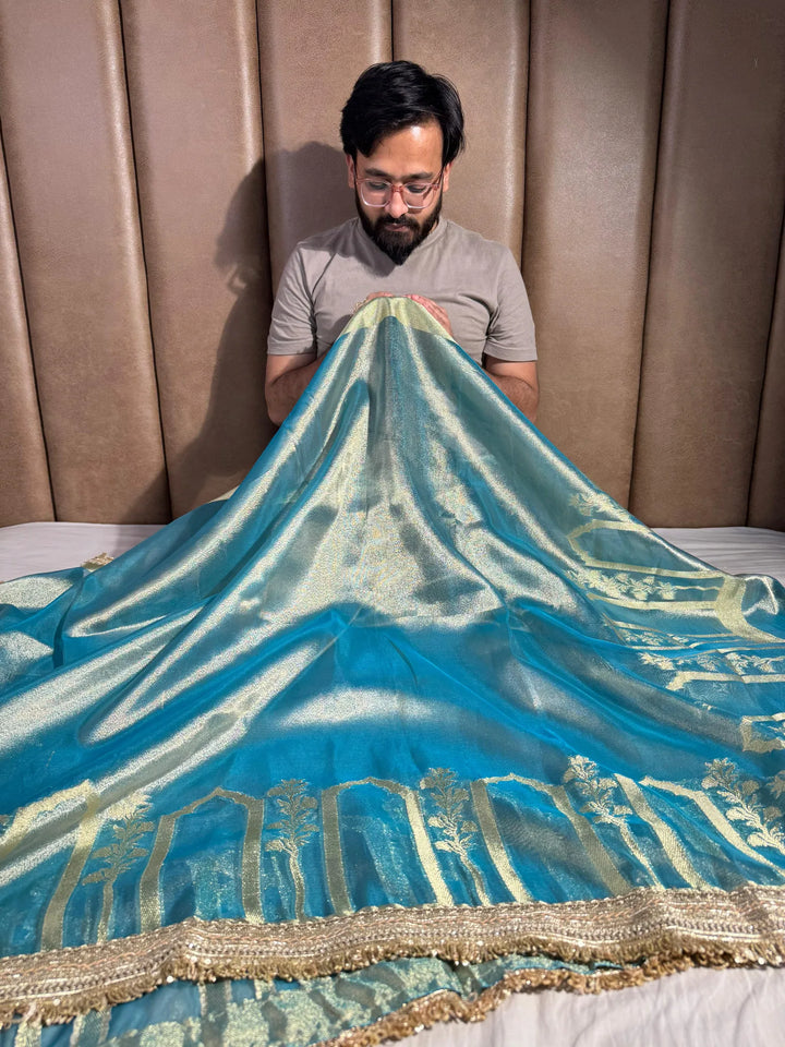 Banarasi premium mughal art tissue silk saree with heavy lacework