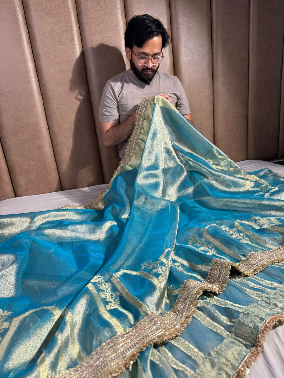 Banarasi premium mughal art tissue silk saree with heavy lacework