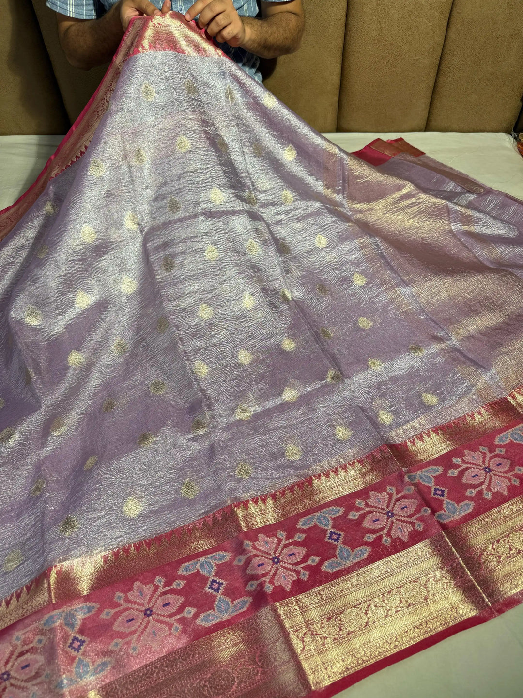 Banarasi tissue crush saree with pochampally border